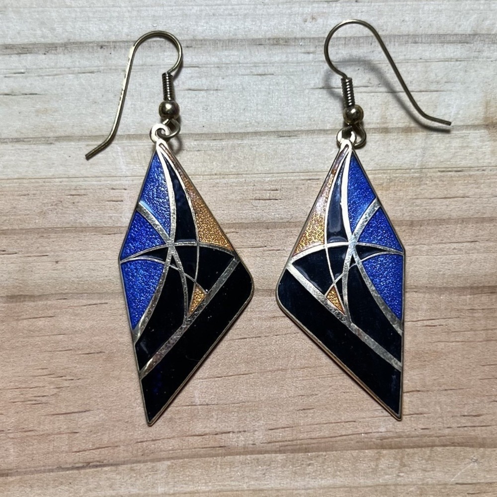 Cloisonne Blue Black Enamel Geometric Drop Earrings Gold Filled 1950s Vtg